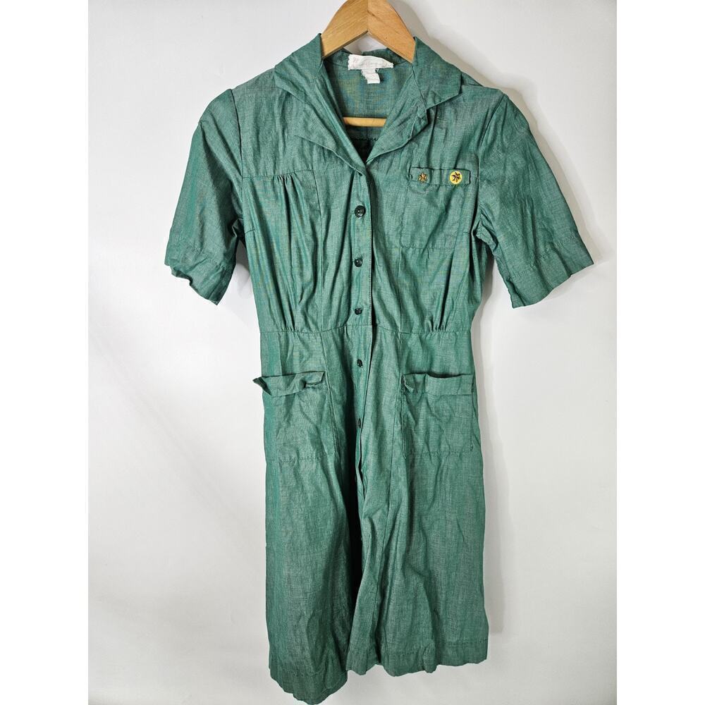 Vtg Official Girl Scout Uniform Green Short Sleeve Tie Belt USA 1960s